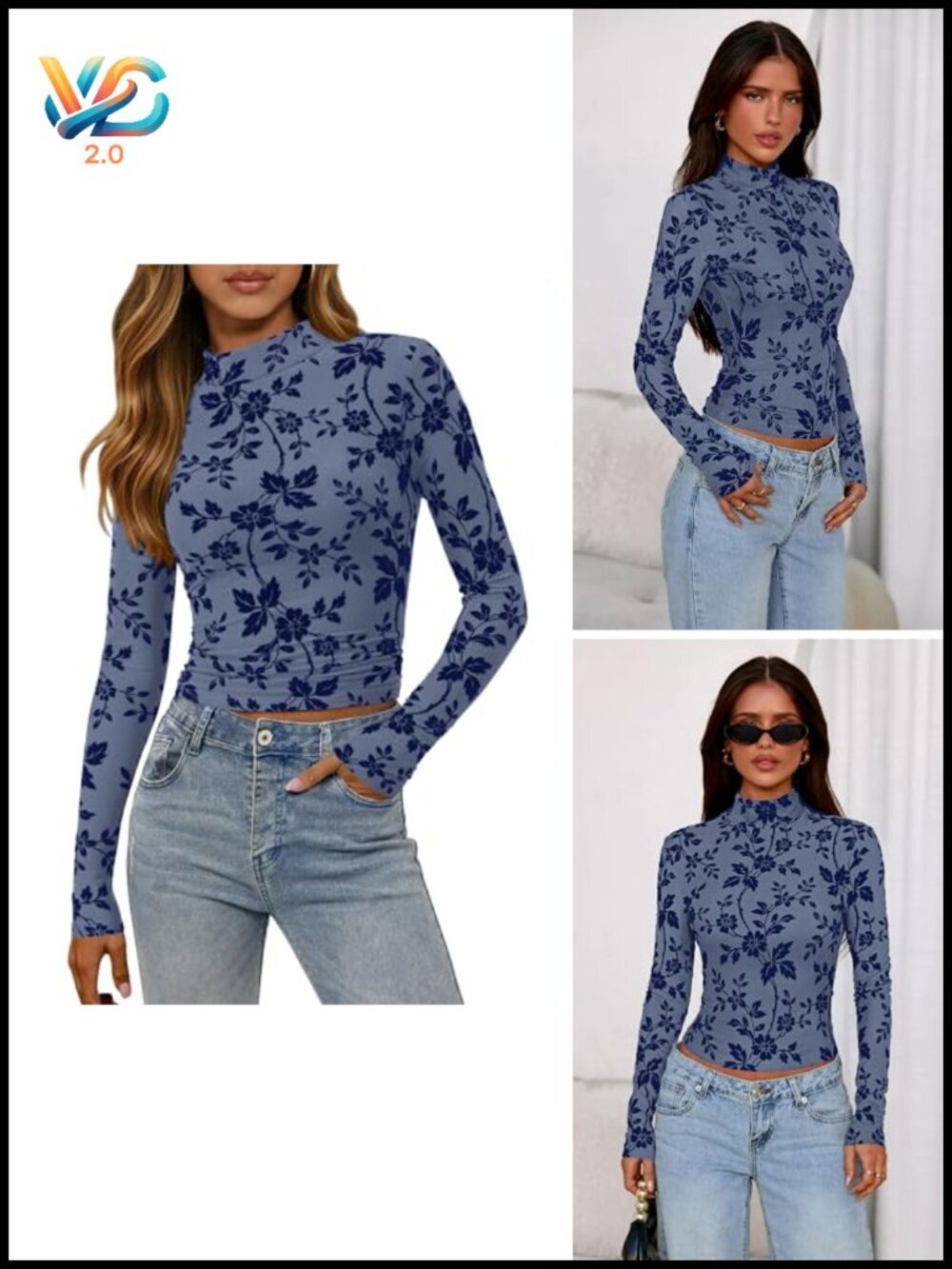 Women's Mock Neck Long Sleeve Crop Top Floral Slim Fit Going Out
